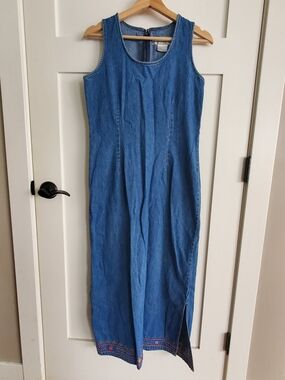 Vintage Blue Denim Maxi Dress Jumper Embroidered Floral Hem 80s 90s Cottagecore